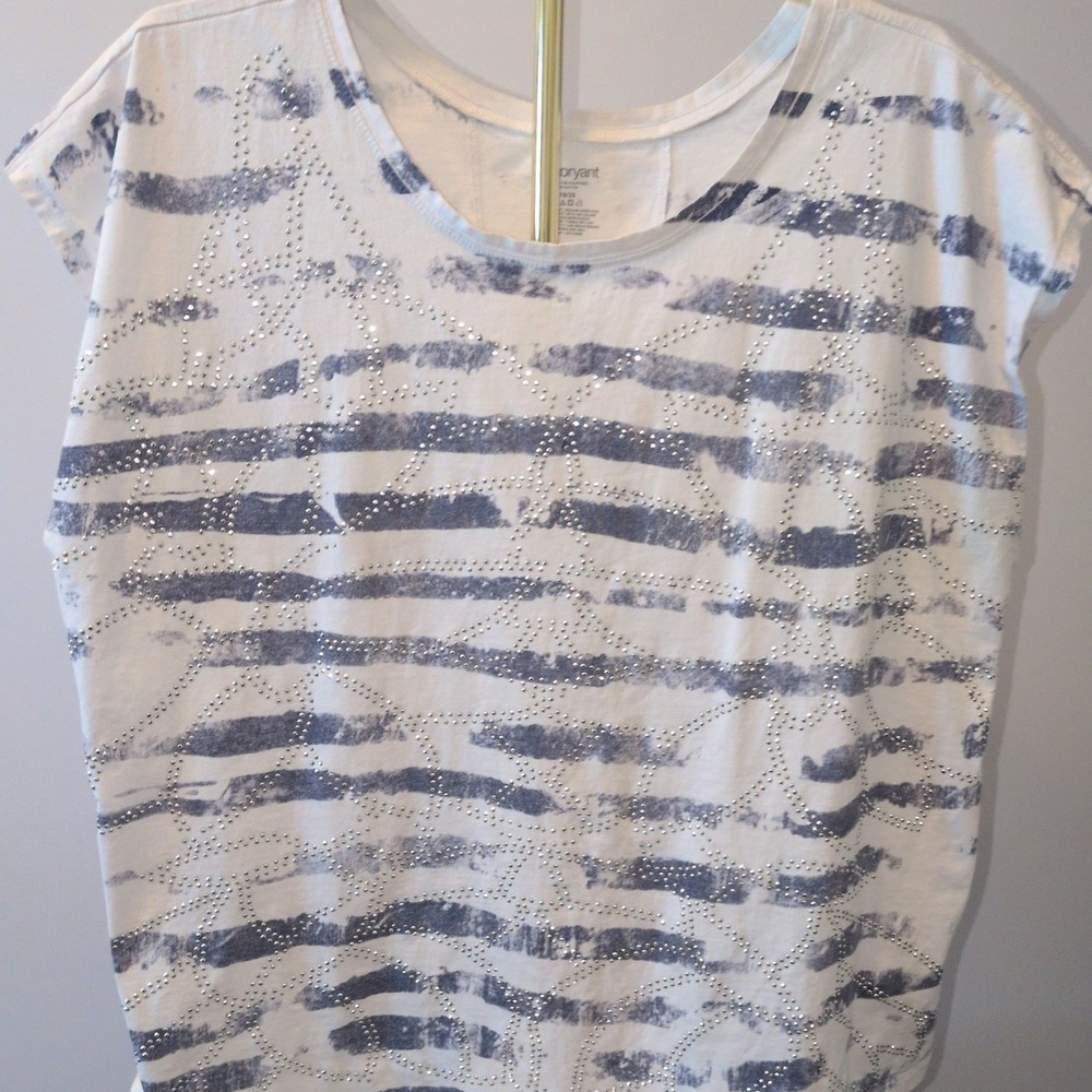 Lane Bryant T-Shirt Women 18/20 Blue Striped Rhinestone Smocked Back 100% Cotton